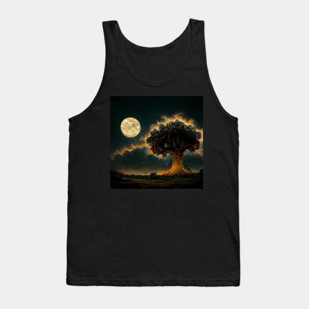 Large old oak tree at night surrounded by glowing magic mushrooms on the ground and a full moon in the sky with fractal clouds Tank Top by Riverside-Moon